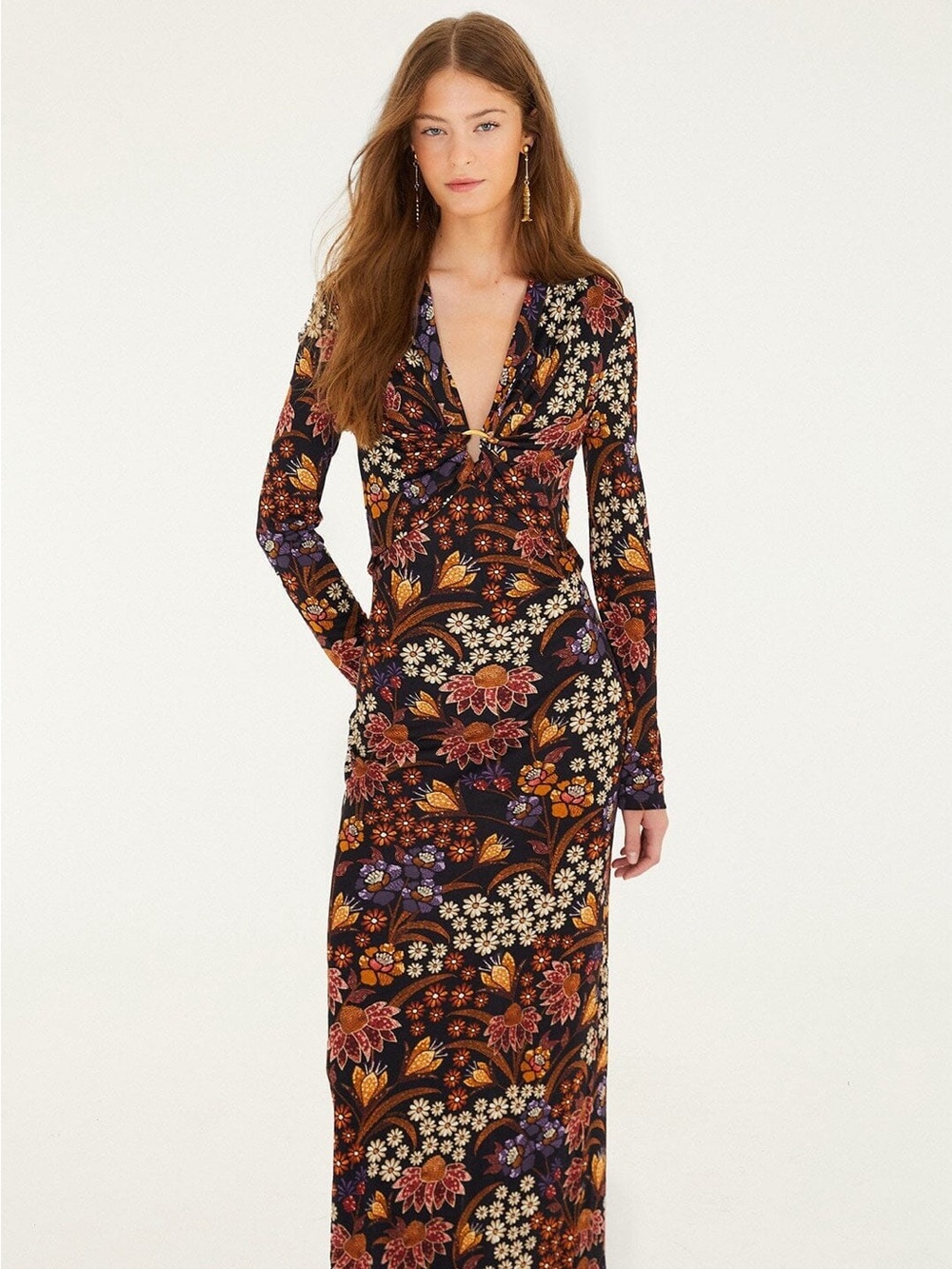 NWT Farm Rio, Lili, Floral Long Sleeve Twist Front Maxi Dress - Black Multi